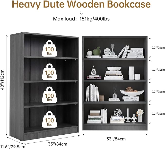 Wooden Bookcase with Adjustable Shelves, 4 Tier Wooden Bookshelf for Small Spaces, Office or Living Room, Modern Bookshelves Storage Rack, Manga Display Shelf,48 Inch,Gray