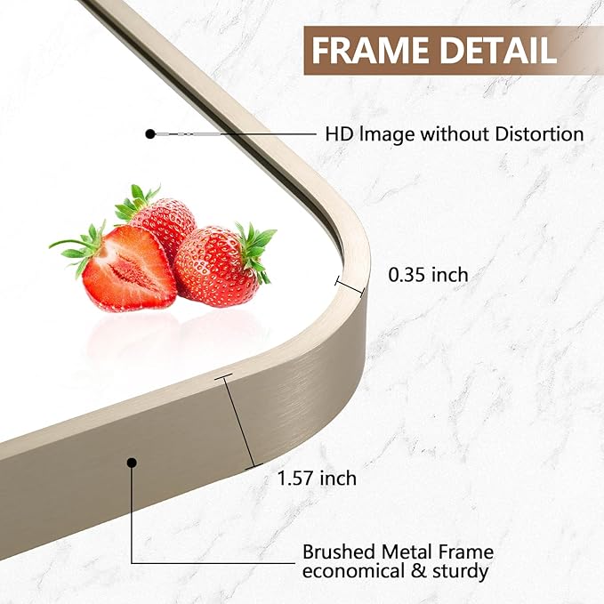 30x36 Inch Brushed Nickel Bathroom Mirror, Framed Rectangle Mirror with Rounded Corner, Brushed Mirror, Silver Bathroom Mirror for Over Sink, Vanity, Living Room, Bedroom, Horizontal/Vertical