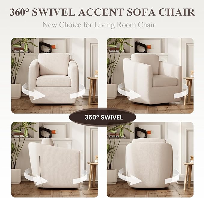 COLAMY 360° Swivel Accent Chair with Pillow - Comfy Living Room Armchair No-Sag Foam & Sturdy Metal Base, Fully Assembled Swivel Accent Single Sofa for Bedroom Living Room, Office, Beige