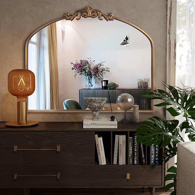 Gold Wall Mirror, Large Arched Vintage Baroque Ornate Mirrors, Traditional Decorative Antique Brass Mirror for Entryway Table, Living Room, Bedroom, Bathroom Vanity, Fireplace (30” x 36”)