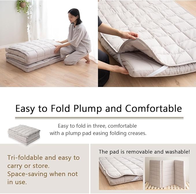EMOOR Japanese Tri-fold Futon Mattress Machi with Mattress Pad Small-Twin Gray, Gusset Foldable Storable Washable Floor Sleeping Guest Bed Tatami Mat