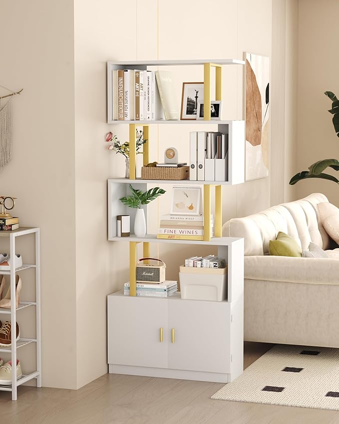 Yusong Geometric Bookcase with Cabinet, S Shaped Bookshelf 5-Tier Book Shelves for Bedroom, Modern Wood Decorative Display Shelf Tall Book Case for Home Office, Gold and White