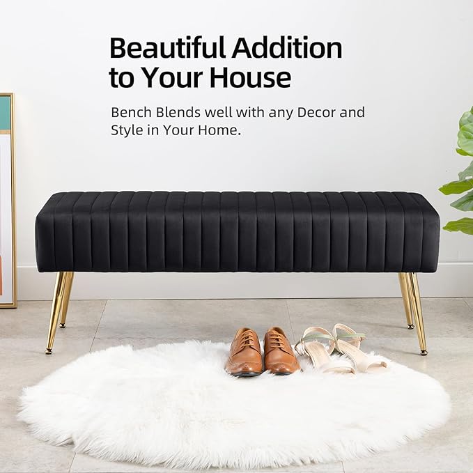 Furniliving 44 Inch Bedroom Bench, Upholstered Tufted Striped Fabric Ottoman Benches with X-Shaped Metal Legs for Living Room, Entryway Solid Wood Indoor Bench for Foyer (Black)