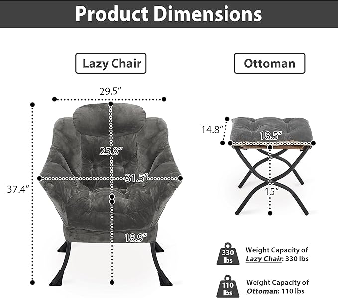Lazy Chair with Folding Ottoman, Accent Chair Plush Upholstered with Metal Structure and Non-Slip Pads, Sofa Armchair with Footrest and Side Storage Bag for Dorm, Room, Office, Dark Gray