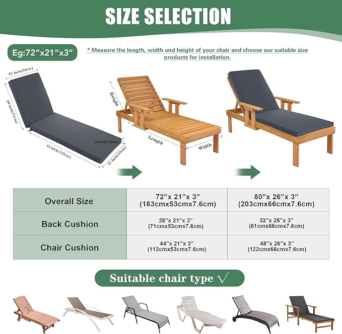 Chaise Lounge Cushions Outdoor Set of 4 - Waterproof and Fade Resistant Sun Lounger Replacement Cushions - Patio Lounger Pads with Removable Cover for Pool, Deck, 72 x 21 x 3 Inch, Dark Grey