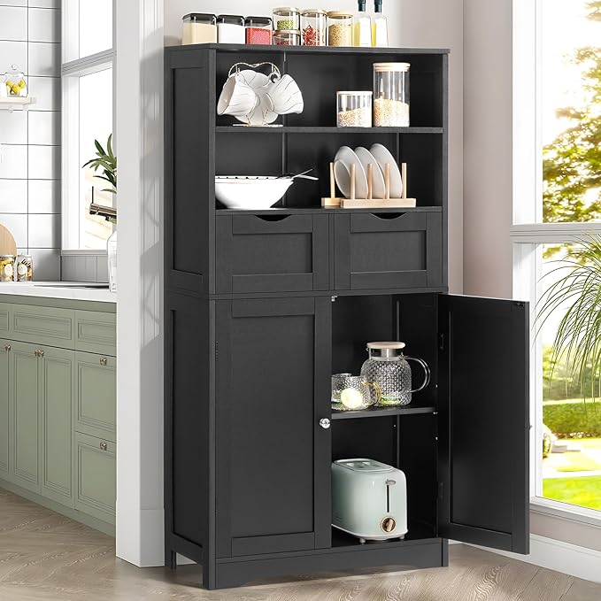 Iwell Tall Storage Cabinet, Black Storage Cabinet with 2 Drawers & Adjustable Shelves, Bathroom Cabinet for Living Room, Dining Room, Entryway, Black
