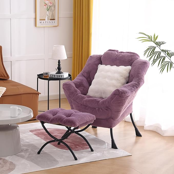 Lazy Chair with Ottoman, Modern Large Accent Lounge Chair with a Pillow, Leisure Sofa Armchair with Ottoman, Reading Chair with Footrest for Bedroom, Living Room, Dorm Rooms,Plush Purple