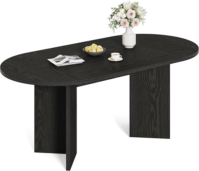 LITTLE TREE 63" Rustic Oval Dining Table for 4-6, Sturdy MDF Farmhouse Kitchen Table with Metal Strip Base, for Living Room, Office, Restaurant, Multi-Use, Black