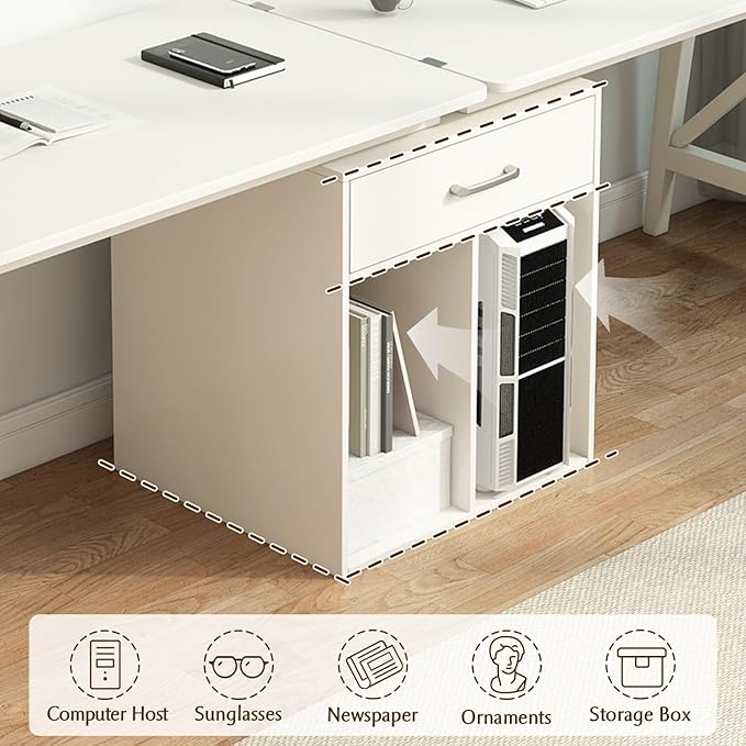 2-Person Desk with Storage Cabinet - 94" Wooden Extra Long L Shaped Table, Double Work Study Computer Workstation for Home Office, White, 94" W x 24" D