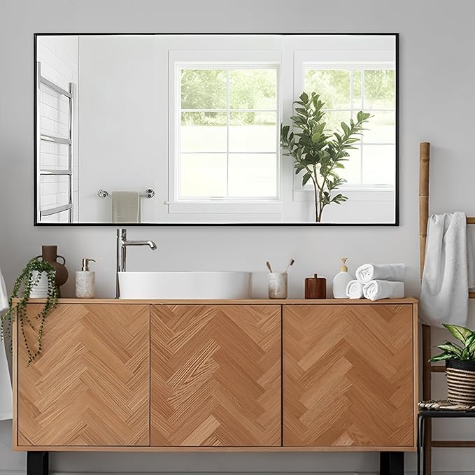 Modern 26"L x 40"W Black Wall Mounted Mirror, Rectangular, Framed, Thickened Stainless Steel Frame, Bathroom Use, Grooming, Home Decor