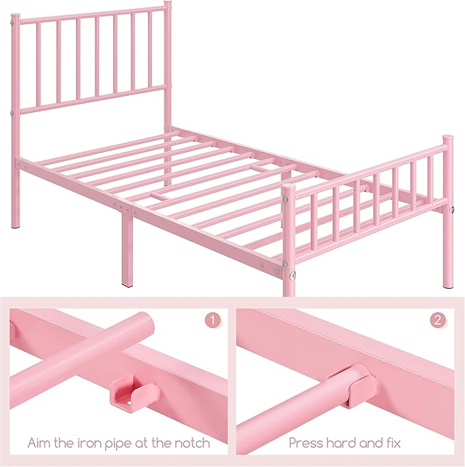Yaheetech Twin Size Bed Frame Metal Platform Bed Frame Mattress Foundation with Spindle Headboard & Footboard/No Box Spring Needed/14 Inch Underbed Storage/Firm Support & Easy Set up Structure, Pink