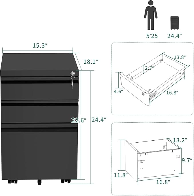YITAHOME 3-Drawer Mobile File Cabinet with Lock, Office Storage Filing Cabinet for Legal/Letter Size, Pre-Assembled Metal File Cabinets Except Wheels Under Desk -Black