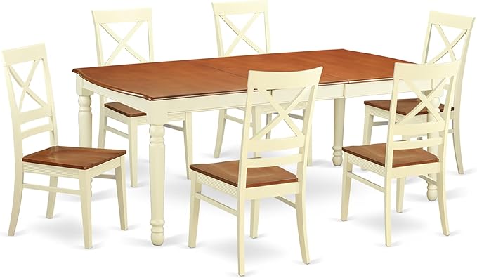 East West Furniture DOQU7-WHI-W 7 Piece Dining Room Table Set Consist of a Rectangle Wooden Table with Butterfly Leaf and 6 Kitchen Dining Chairs, 42x78 Inch, Buttermilk & Cherry