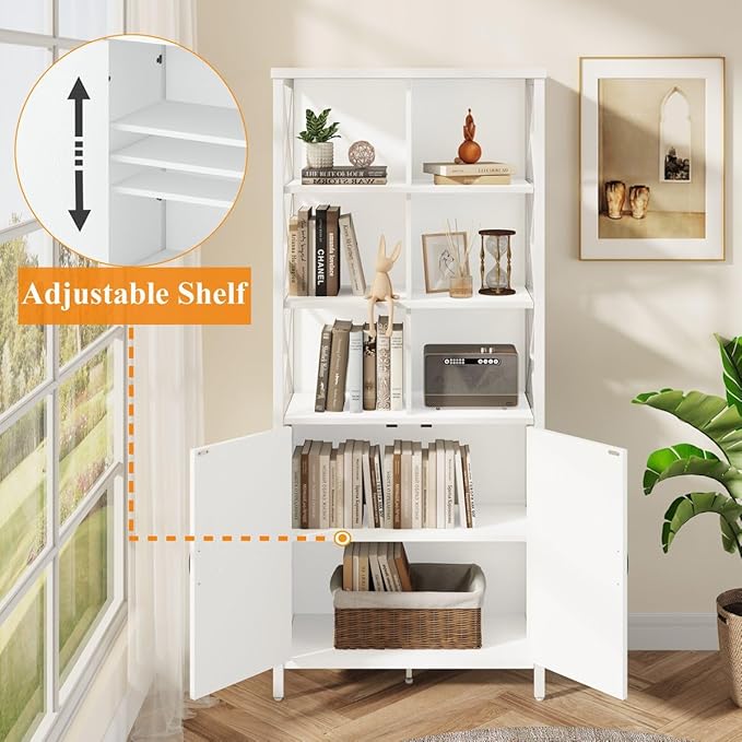 FATORRI Tall Bookshelf and Bookcase, Industrial Bookshelf with Doors, Bookcase with Storage, Cube Storage Organizer Bookshelves, Wood Book Shelf for Living Room, Home Office (White Oak, 67 Inch)