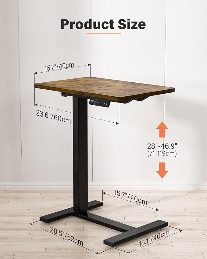 Mobile Standing Desk with Wheels - Electric Height Adjustable Small Movable Laptop Desk, Portable Rolling Computer Sit Stand Side Table for Home Office, Sofa&Bedside Use (23.6",Rustic Brown)