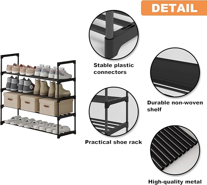 Calmootey 4-Tier Shoe Rack, Tall Large Capacity 20 Pairs Shoes Storage Organizer, Stackable Wide Shoe Shelf for Entryway, Hallway, Black