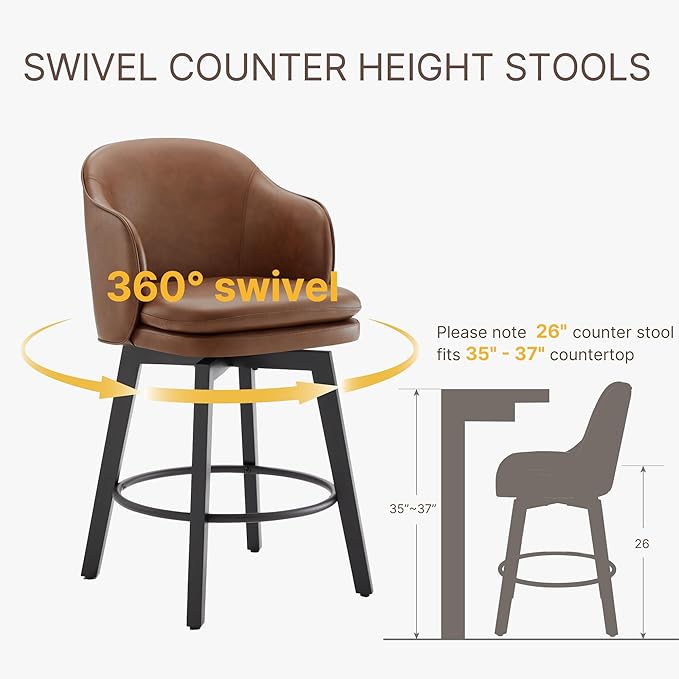 Counter Height Barstools 26 inch Upholstered Swivel Bar Stools with Back and Wood Legs for Kitchen Island,Set of 4,Brown PU Leather