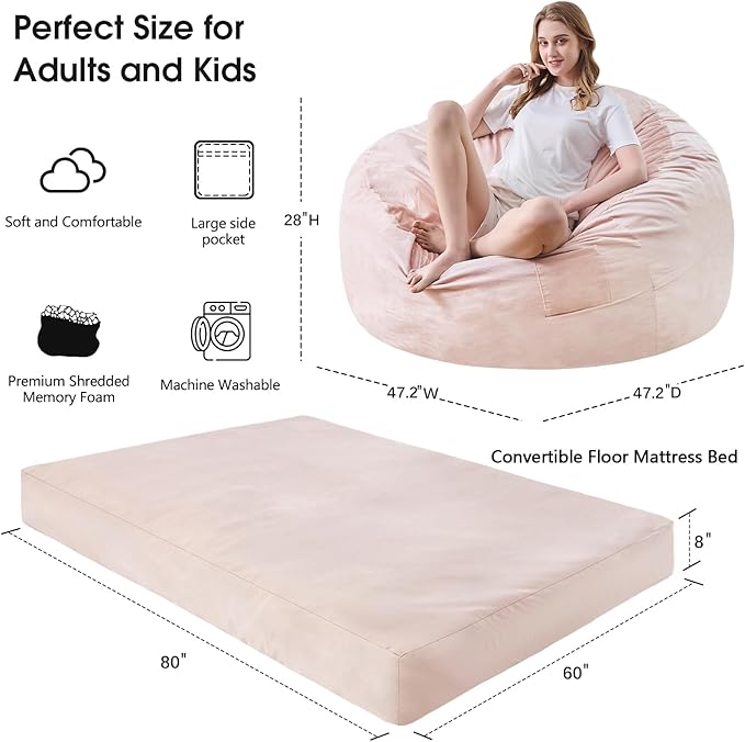 Bean Bag Chairs for Adults - Giant Bean Bag Chair Convertible Bean Bag Bed - Beanbag Chair with Micro Fiber Cover/Furniture Foam Filler - Floor Couch Sofa in Bedroom Dorm Room - Queen Pink