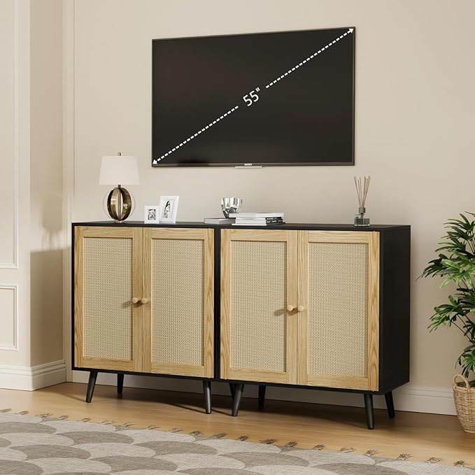 Set of 2 Rattan Sideboard Buffet Cabinets, Accent Cabinets with Adjustable Shelves & Rattan Doors, Ideal for Kitchen & Entryway Storage, Black