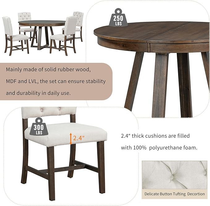 5 Pieces Dining Table Set with 42" Table,Living Room Furniture W/ 4 Upholstered Chairs,Tabletop Can be Adjusted from Round to Oval in Shape,for Restaurant,Home Bistro,Walnut