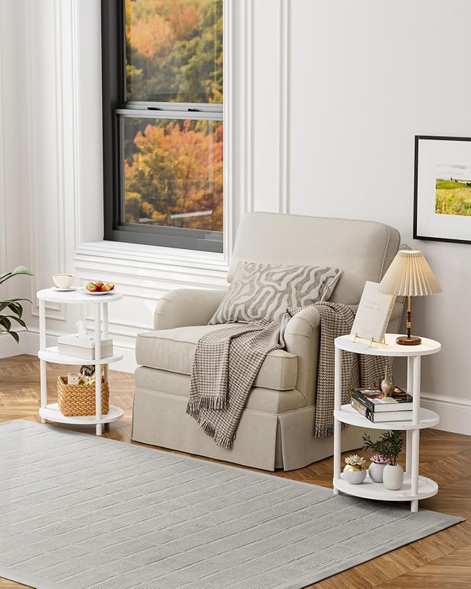 Small Round Side Table - 3-Tier Oval Accent Table for Small Spaces, Rustic Wood and Metal Couch End Table, Nightstand for Bedroom or End Table Living Room, Set of 2, Marble White
