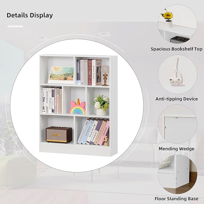 YAHARBO White 7 Cube Bookshelf,3 Tier Modern Horizontal Bookcase,Wooden Low Book Shelf Display Storage Cabinet with Base,Floor Standing Short Bookshelves Open Organizer for Bedroom,Living Room,Office