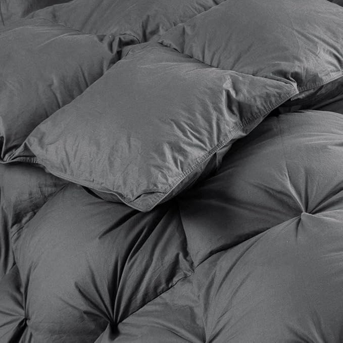 Luxurious Goose Down Feather Fiber Comforter California King Size Duvet Insert, Pinch Pleat Ruffled Twisted Flower, Premium Baffle Box, 100% Egyptian Cotton Cover, 75 oz. Fill Weight, Gray