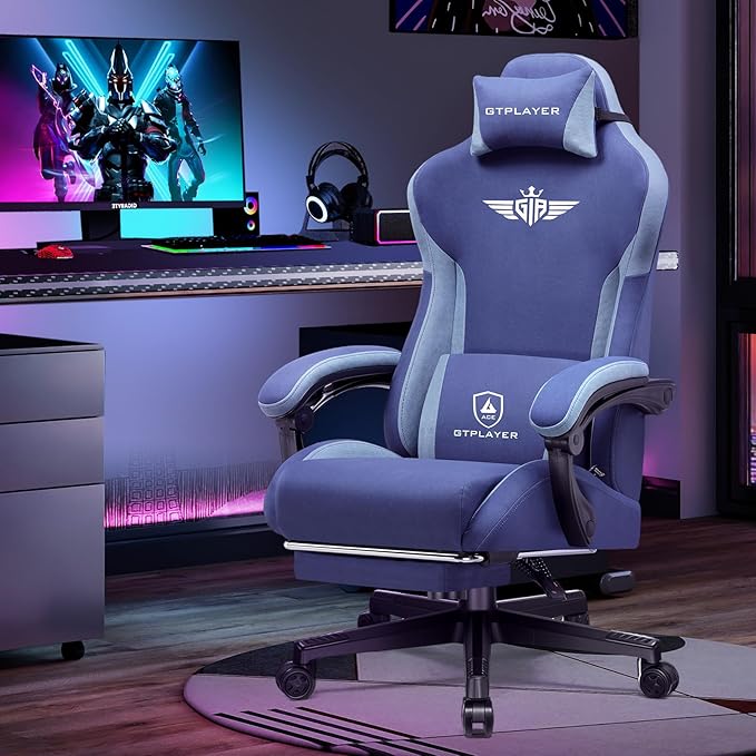 GTPLAYER Gaming Chair Fabric with Footrest, Big and Tall Game Chair High Back Computer Office Chair with Lumbar Support for Adults, Ergonomic Swivel Games Chair with Cushion Gaming Dark Blue