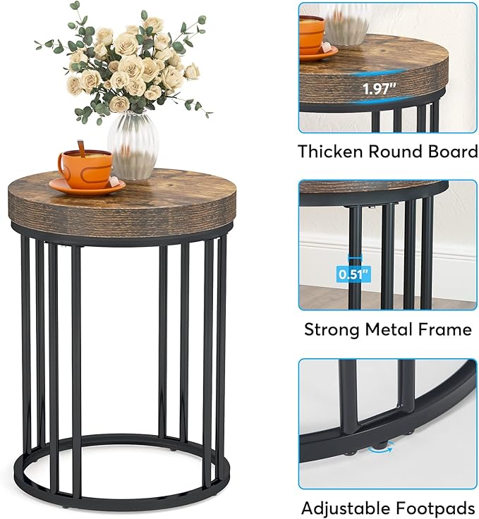 Tribesigns Round End Table, Modern Side Small Accent Nightstand with Metal Frame, Wooden Circle Bedside for Living Room Sofa Couch, Bedroom, Easy Assembly, Space Saving, Rustic Brown & Black
