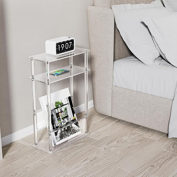 HMYHUM Acrylic Narrow End Table for Small Spaces with Magazine Holder, Slim Side Small Nightstand/Bedside Table for Living Room, Bedroom, 3 Tier, 15.7" L x 7" W x 23" H, Clear