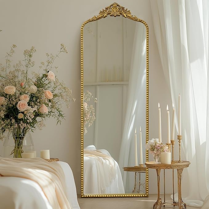 G-LEAF Vintage Baroque Full Length Floor Mirror 22"X65", Victorian Antique Mirror with Brush Gold Ornate Metal Frame for Fireplace Entryway Living Room Hallway Bathroom