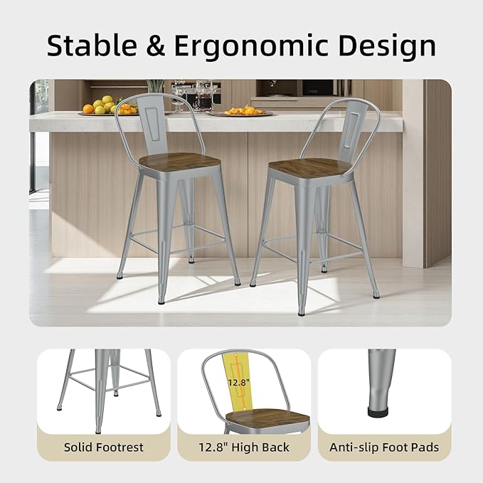 Metal Bar Stools Set of 4, High Back Bar Stools with Wooden Seat, 26 inch Silver Barstools for Kitchen Island