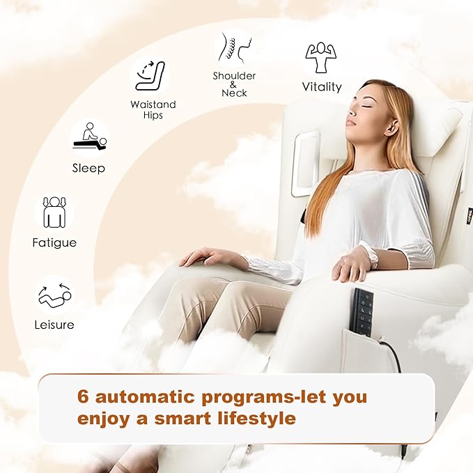 COLAMY Zero Gravity Massage Chair with 4-Zone Massage, Dual Lumbar Heat, Airbag Compression, 360° Swivel, Built-in Bluetooth Speakers & USB Charging, White