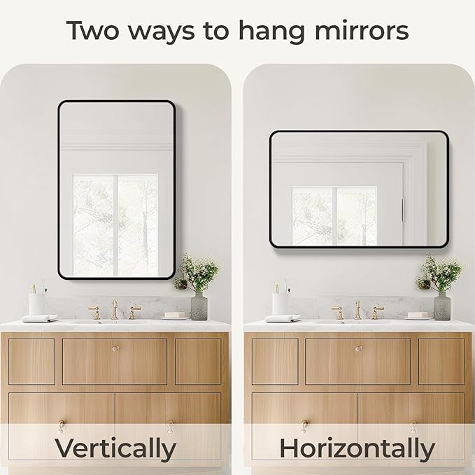 USHOWER Black Bathroom Mirror for Over Sink 24 x 36 Inch, Metal Frame Rectangle Vanity Mirror, Modern Farmhouse, Wall Mounted