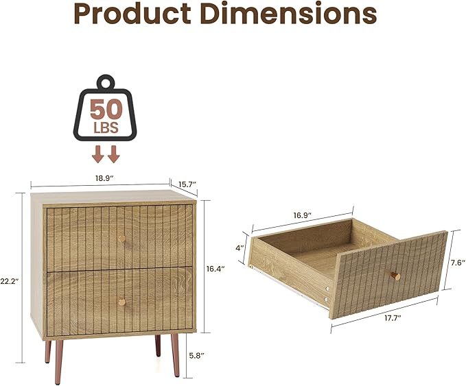 Wood Night Stand Set 2,Modern Bedside Table with Door and Open Storage Space,Fluted Nightstand and Wood End Side Table with Rose Gold Metal Legs and Handles for Bedroom,Living Room,Natural