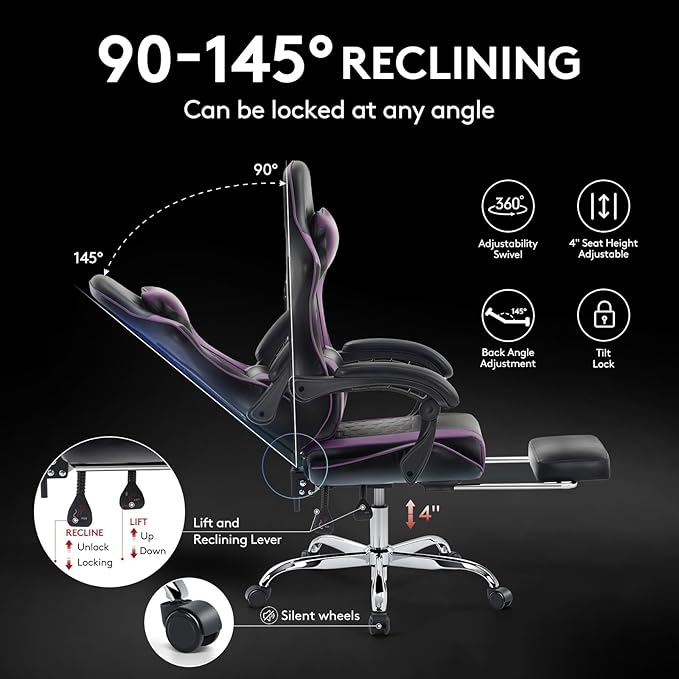 Gaming Chair,Computer Office Chair with Footrest,Massage Lumbar Support and Gel Pad,Ergonomic Reclining Adjustable Leather Gamer Chair with Headrest and Spring Cushion Purple