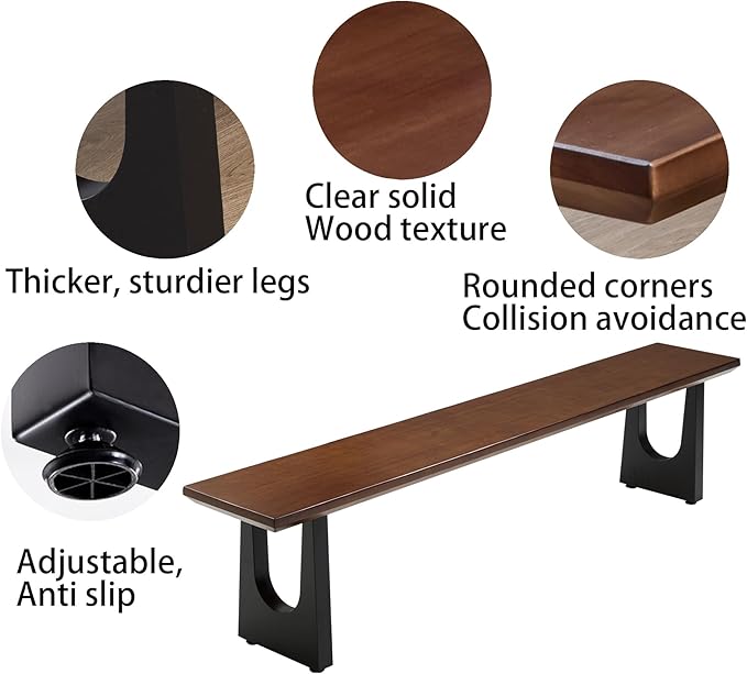 Walnut Color Long Bench Solid Wood Top Metal Legs U-Shaped Design Durable Sturdy Dining Bench Ideal for Office Home Restaurant Patio Multiple (Bench, 62.99in)