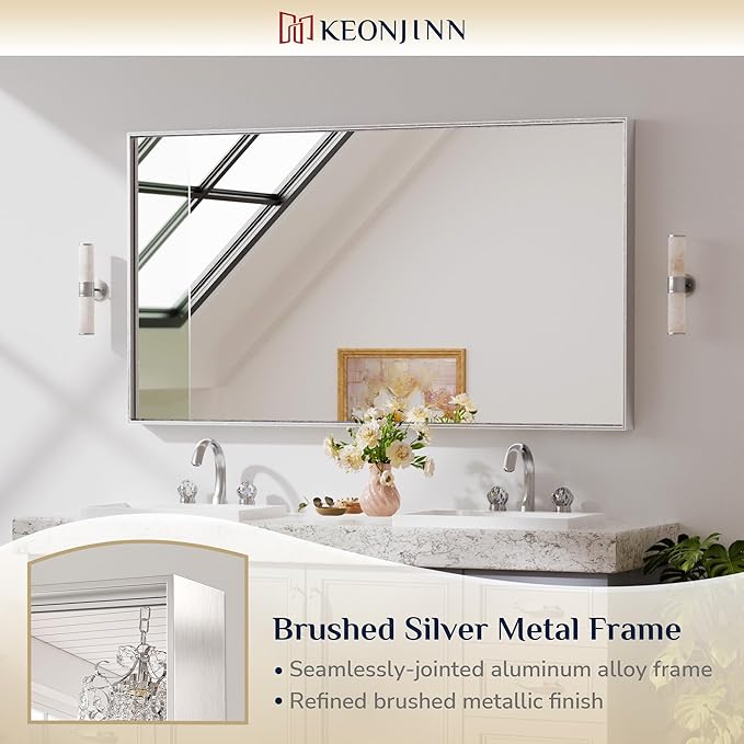 Keonjinn 55 x 30 in Brushed Silver Bathroom Vanity Mirror, Large Silver Framed Mirror for Over Sink, Metal Framed, Rectangle Square Corner, Modern Farmhouse Decorative(Horizontal/Vertical)