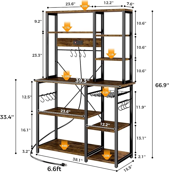 SUPERJARE Large Bakers Rack with Power Outlets, 6-Tier Microwave Stand, Coffee Bar with 12 S-Shaped Hooks, Kitchen Shelf with Wire Basket, 39.3 x 15.5 x 66.9 Inches, Rustic Brown
