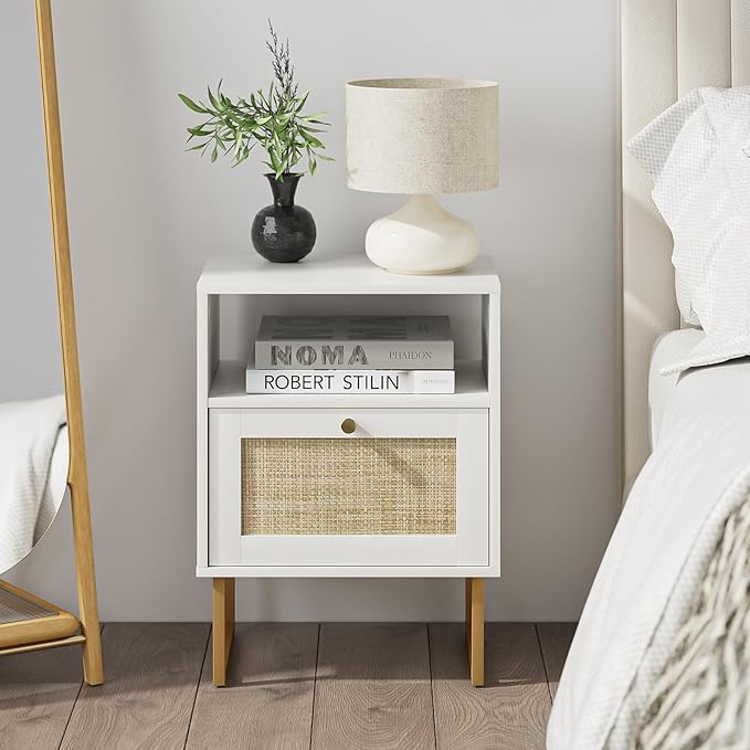 Masupu Rattan Nightstand,Modern Boho Farmhouse Wood Bedside Table with Storage Drawer and Open Shelf,Small Gold Frame Side End Table for Bedroom,Living Room,Office(White)
