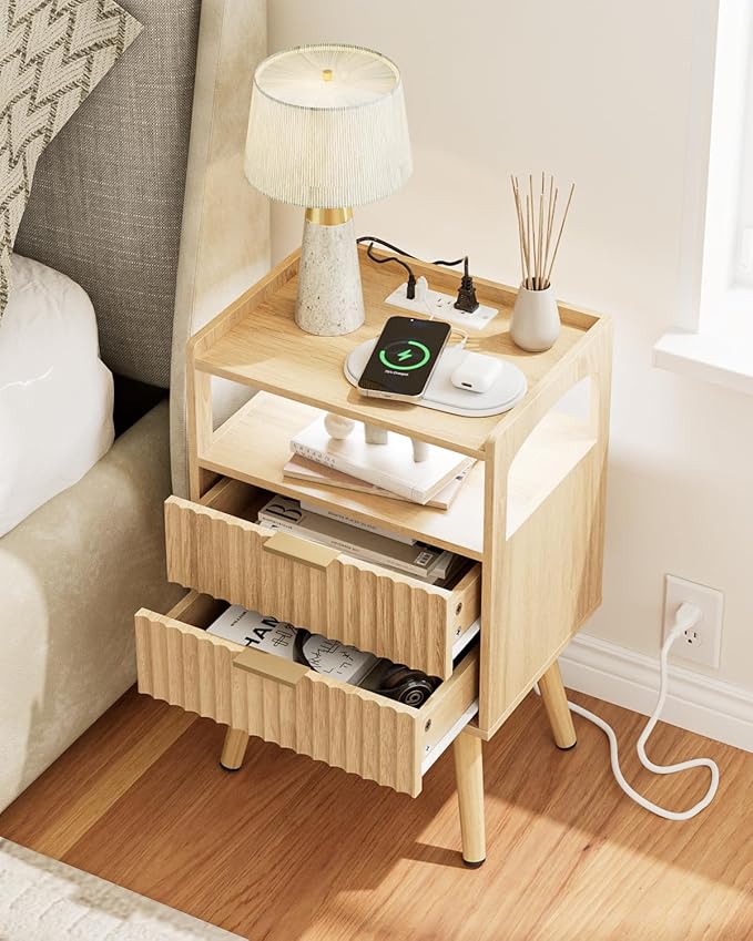 Nightstand with Charging Station and LED Lights,Modern Bedside Table with 2Drawer and Open Shelf,Oak Night Stand with Solid Wood Legs,End Table for Living Room、Bedroom and Small Spaces