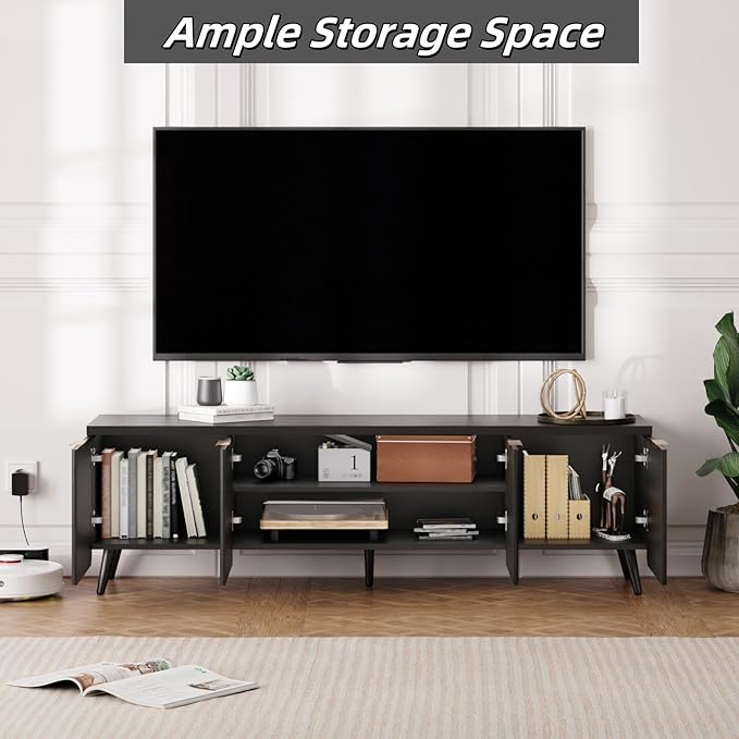 TV Stand for Living Room, Fluted Television Cabinet with 4 Stripe Doors, Modern Entertainment Center for 55/60/65 inch TV, Media Console with Wooden Legs & Metal Handles, Black