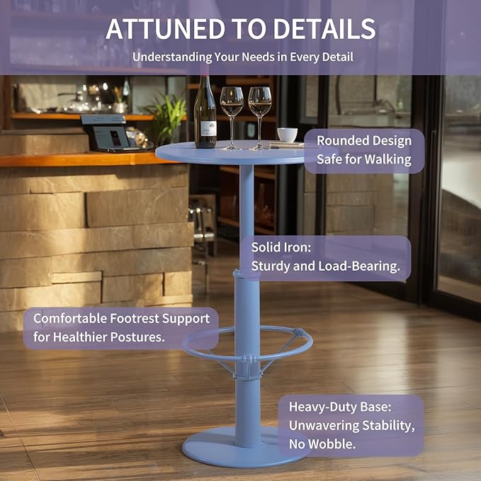 42" Tall Modern Industrial Bar Table-23.6" Dia Round Metal Top Bar Height Adjustable Standing Pub Table-Dining Room Bistro Table-Cocktail Table (Pigeon Blue)