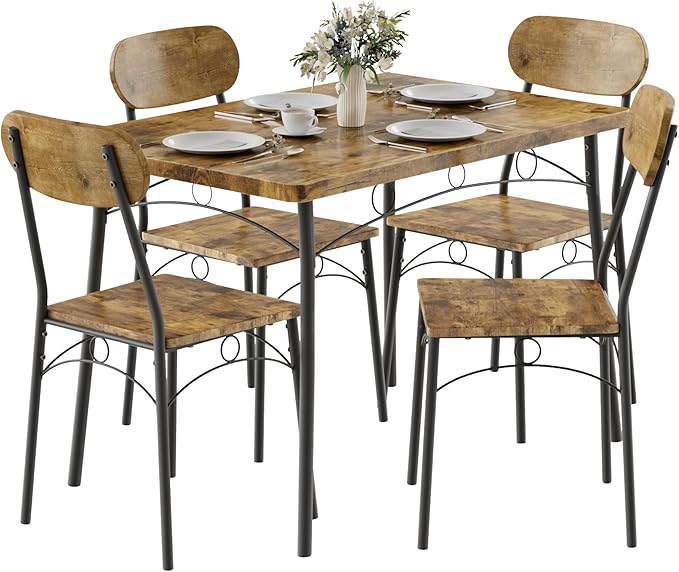 VECELO Dining Table Set for 4, 5-Piece Kitchen Table with 4 Chairs, MDF Board Tabletop with Metal Frame for Small Space, Compact Dinette, Breakfast Nook, Rustic Brown
