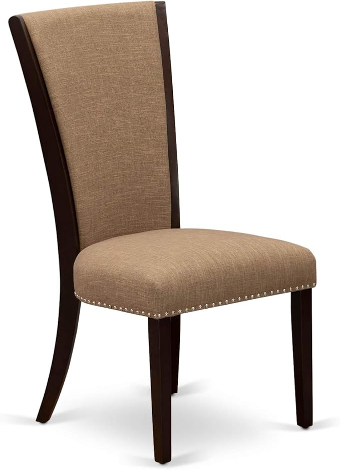 East West Furniture VEP3T47 Verona Modern Parson Chairs - Nailhead Trim Light Sable Linen Fabric Upholstered Dining Chairs, Set of 2, Mahogany