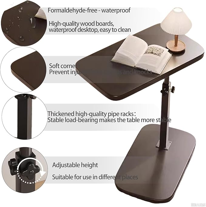 Pedestal C-Shaped Adjustable Small End Tables for Small Spaces Side Table，Desktop can Turn 360° and The Height of The Sofa Side Table can be Adjusted（Black Desktop + Black Bottom）