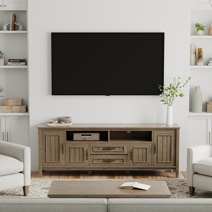 SIMPLIHOME Lev SOLID WOOD 72 Inch Wide Contemporary TV Media Stand in Smoky Brown for TVs up to 80 Inches, For the Living Room and Entertainment Center