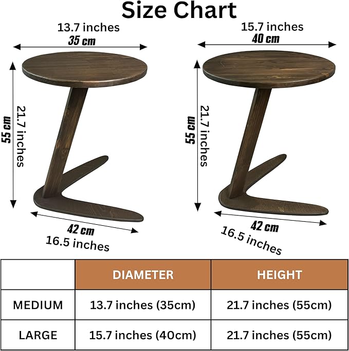 C-Shaped Handmade Solid Wood End Table, Side Table for Couches, Sofa Tables Slide Under Couch for Living Room, Over Couch TV Tray Table for Small Spaces (Medium, Dark Walnut)