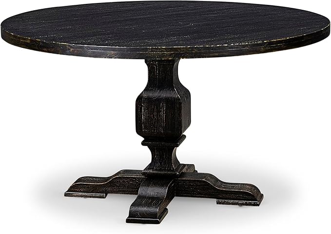 I53-11-TP Wooden Table with Acacia Wood Round Tabletop and Stylish Pedestal Base - Sand Blasted Black Finish