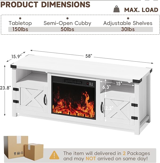 YESHOMY Fireplace TV Stand with Barn Doors and Open Display Shelf, Farmhouse Media Console with Hidden Cable Routing, Entertainment Center for Televisions up to 65+ Inch, White